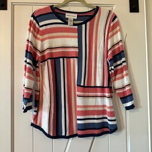 Alfred Dunner Women's Size Medium Pink Blue White Striped Pullover Knit Sweater